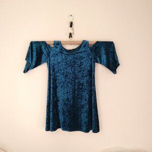 Vintage U.S.A Teal Crushed Velvet Cut Out Cold Shoulder Flair Sleeve Dress Sz L